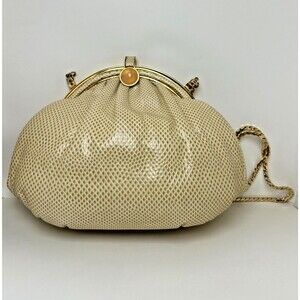 Judith Leiber Cream Snakeskin Karung Convertible Pouch Evening Bag